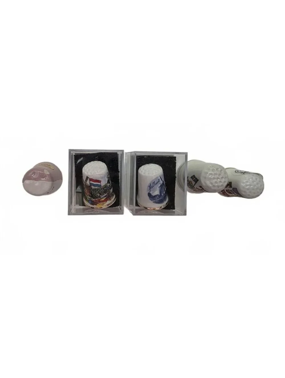 5 Vintage European Souvenir Porcelain Thimbles 2 With Cases